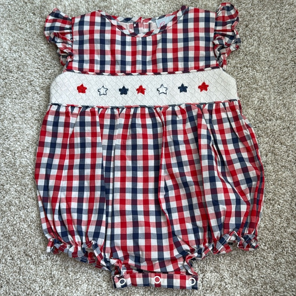 Patriotic Plaid Baby Romper with matching bow Headwrap - Picture 3 of 8